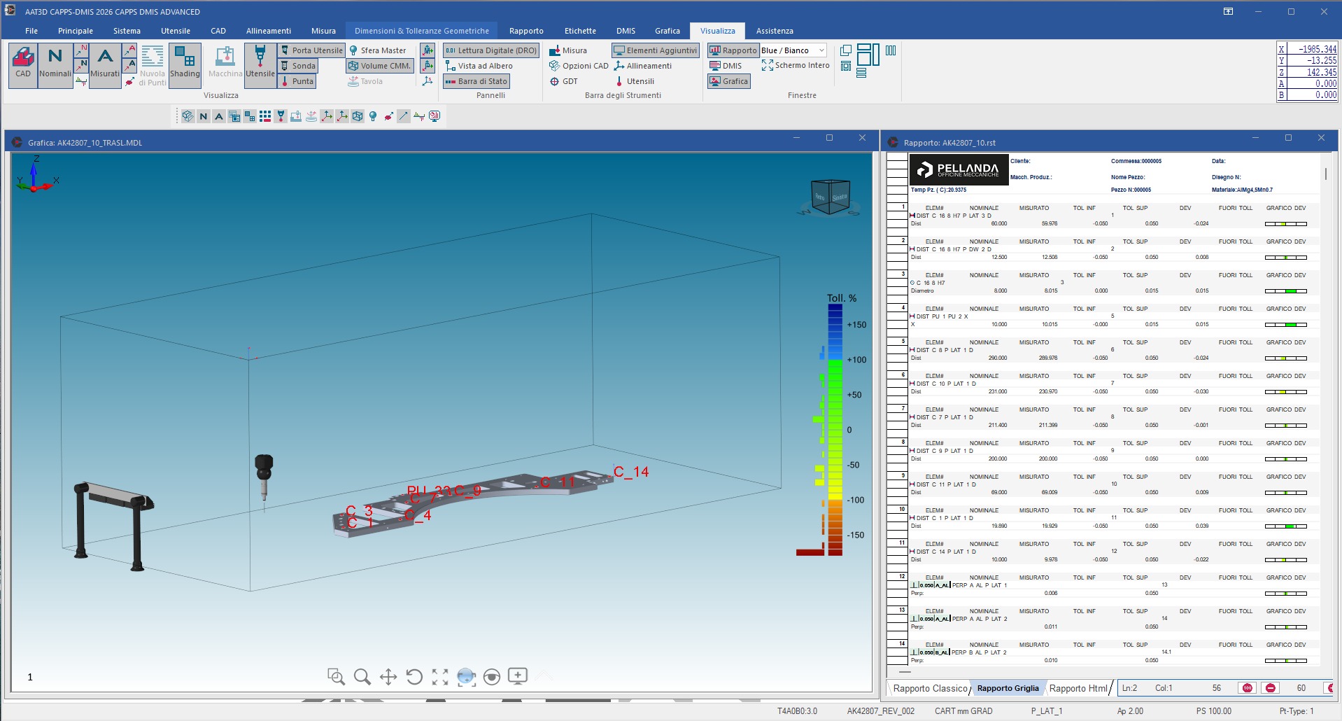 CAPPS-DMIS software showing the CAD model with the measured features and the dimensional report