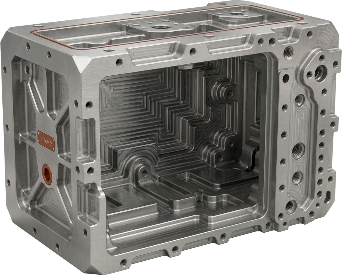 Open rectangular steel gearbox housing, photorealistic